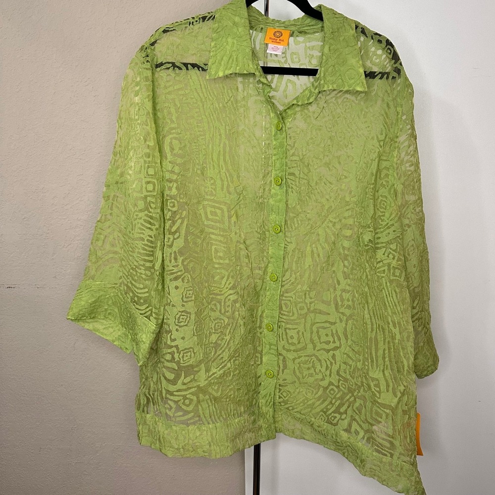 Ruby Rd Woman Lime Green Burnout Sheer Button Up Top 20W 3/4 Sleeve NWT